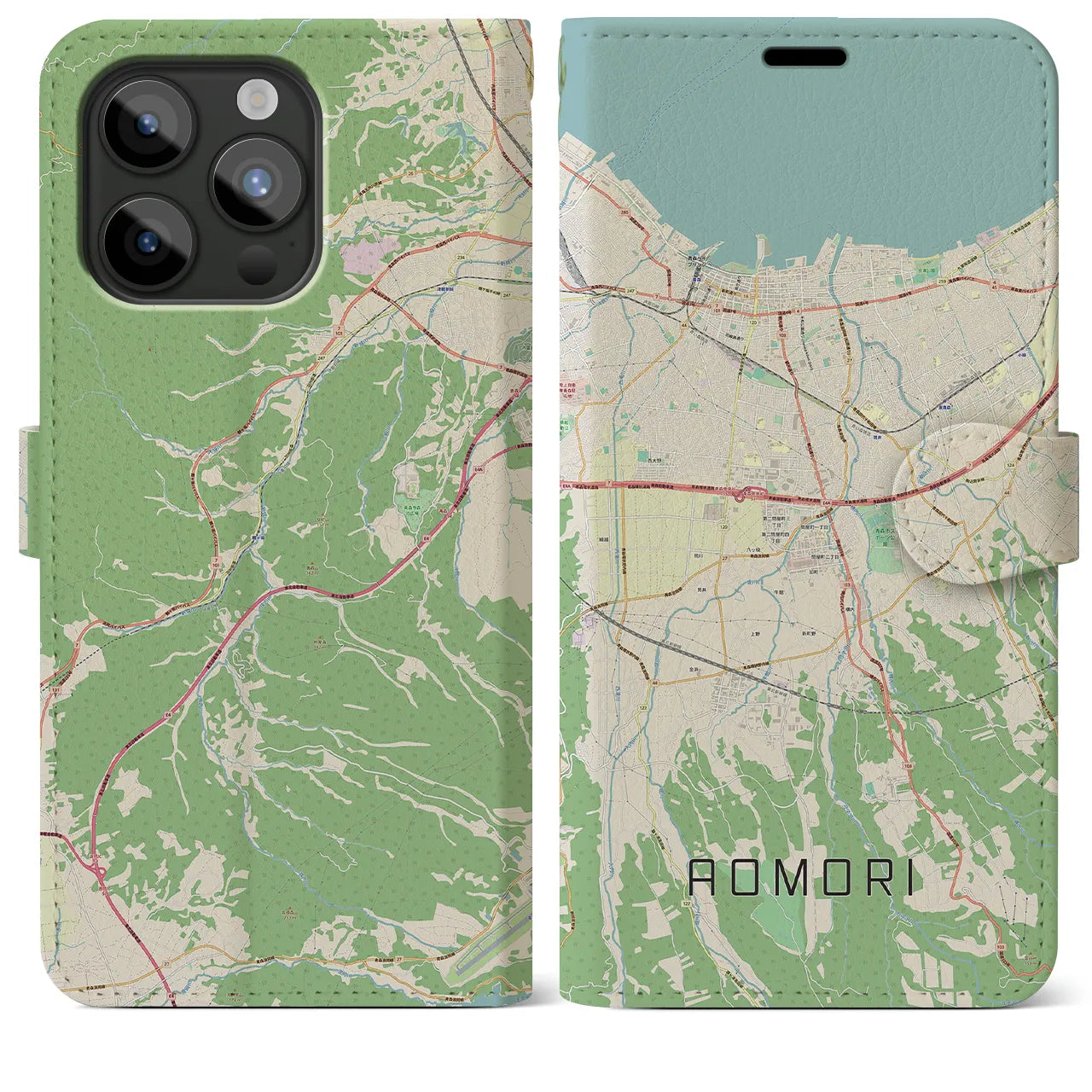 【青森(青森県)】地図柄iPhoneケース(手帳タイプ)ナチュラル・iPhone 15 Pro Max 用