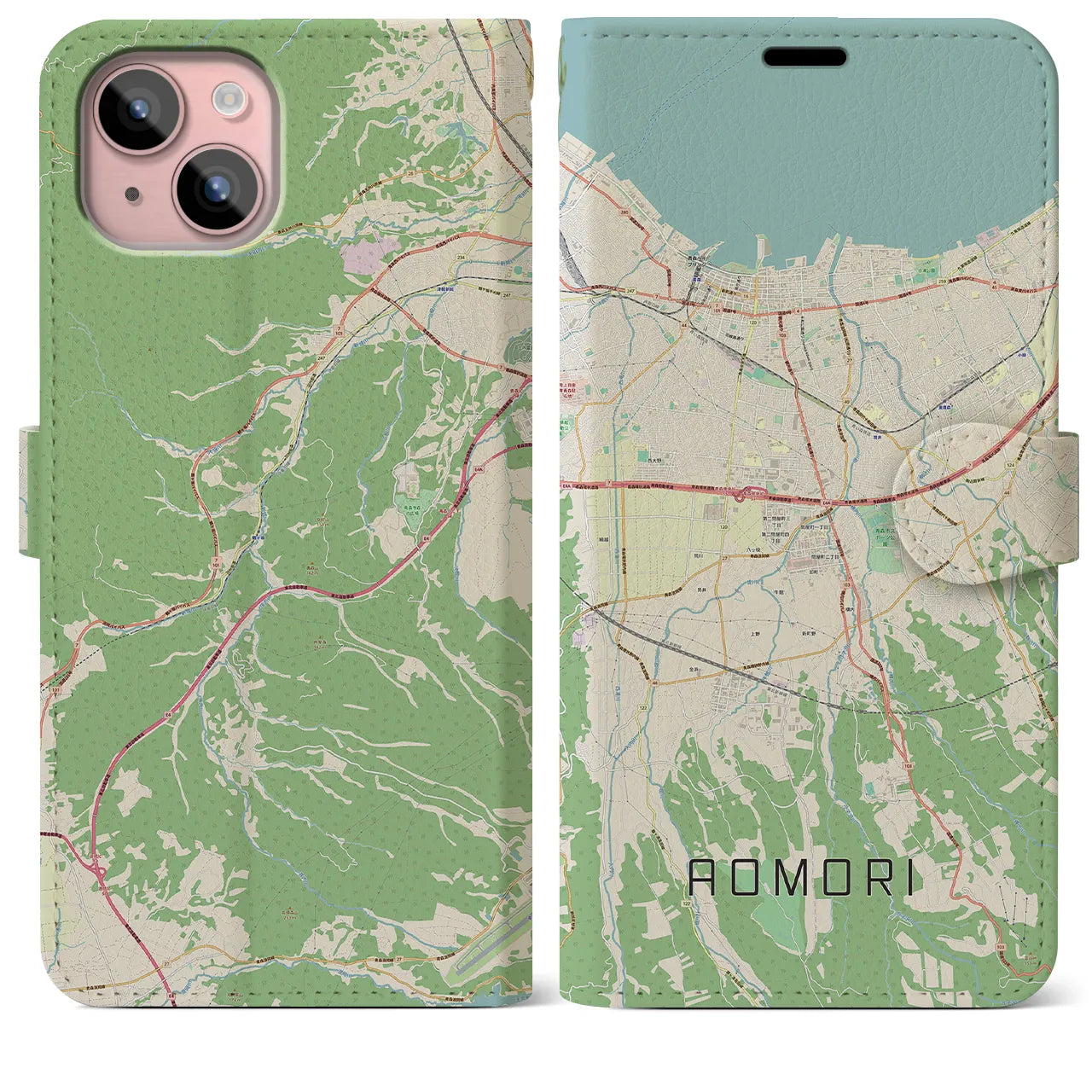 【青森(青森県)】地図柄iPhoneケース(手帳タイプ)ナチュラル・iPhone 15 Plus 用