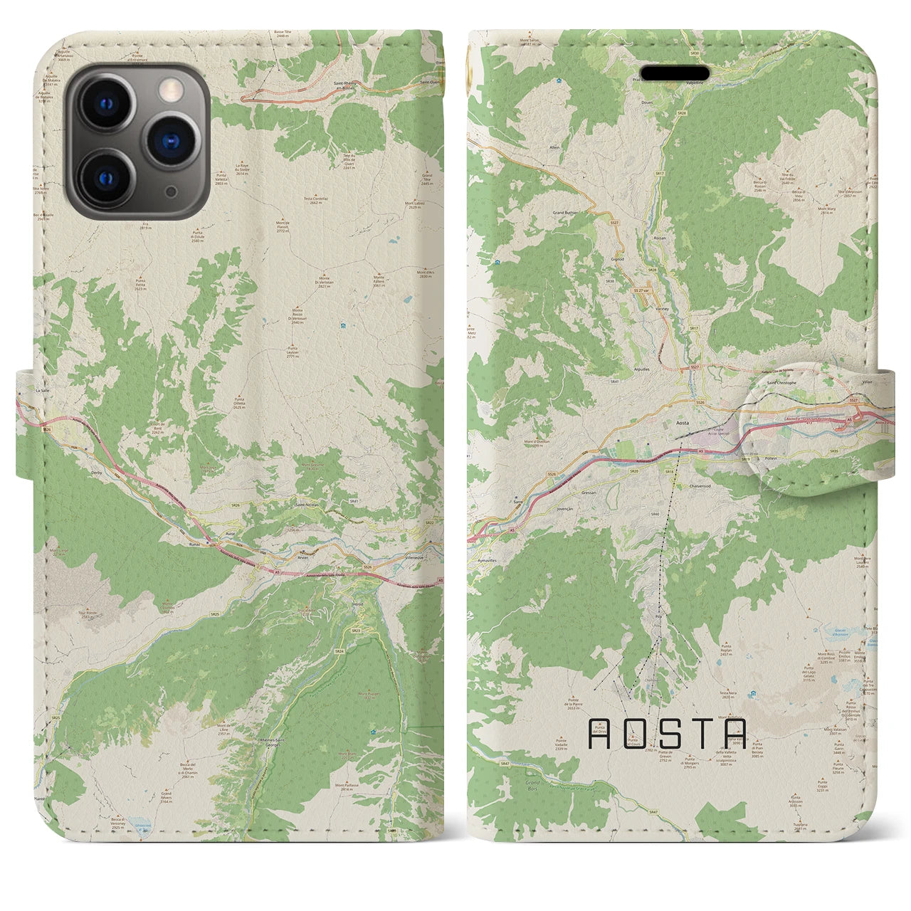 【アオスタ(イタリア)】地図柄iPhoneケース(手帳タイプ)ナチュラル・iPhone 11 Pro Max 用