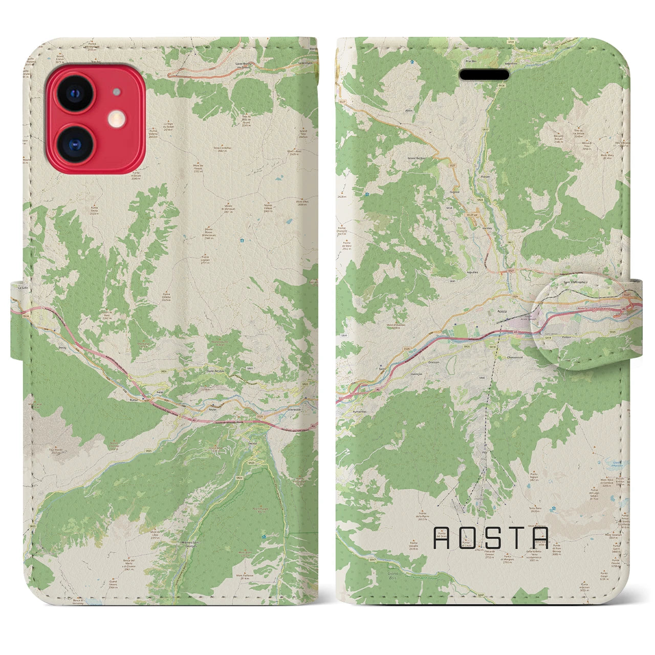 【アオスタ(イタリア)】地図柄iPhoneケース(手帳タイプ)ナチュラル・iPhone 11 用