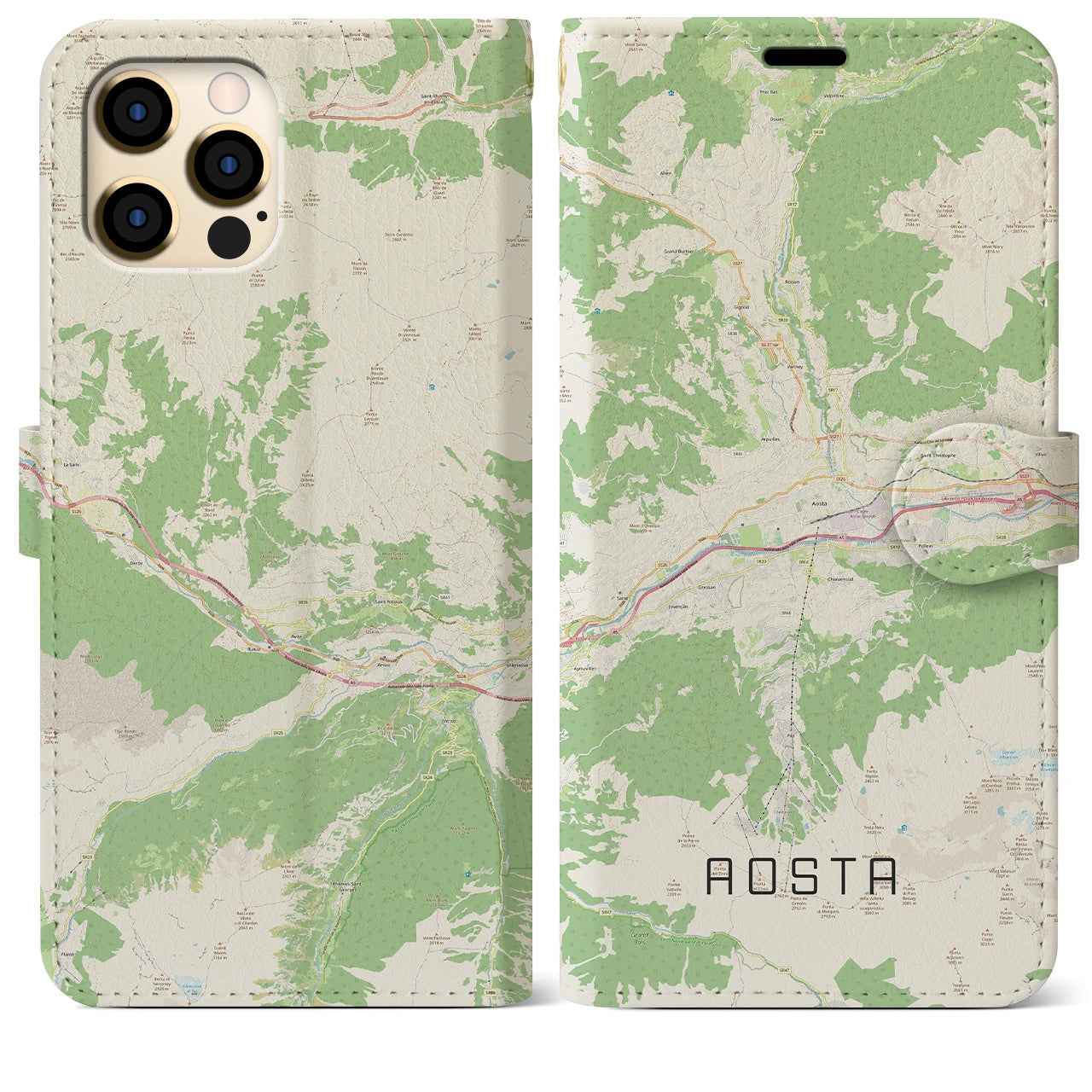 【アオスタ(イタリア)】地図柄iPhoneケース(手帳タイプ)ナチュラル・iPhone 12 Pro Max 用