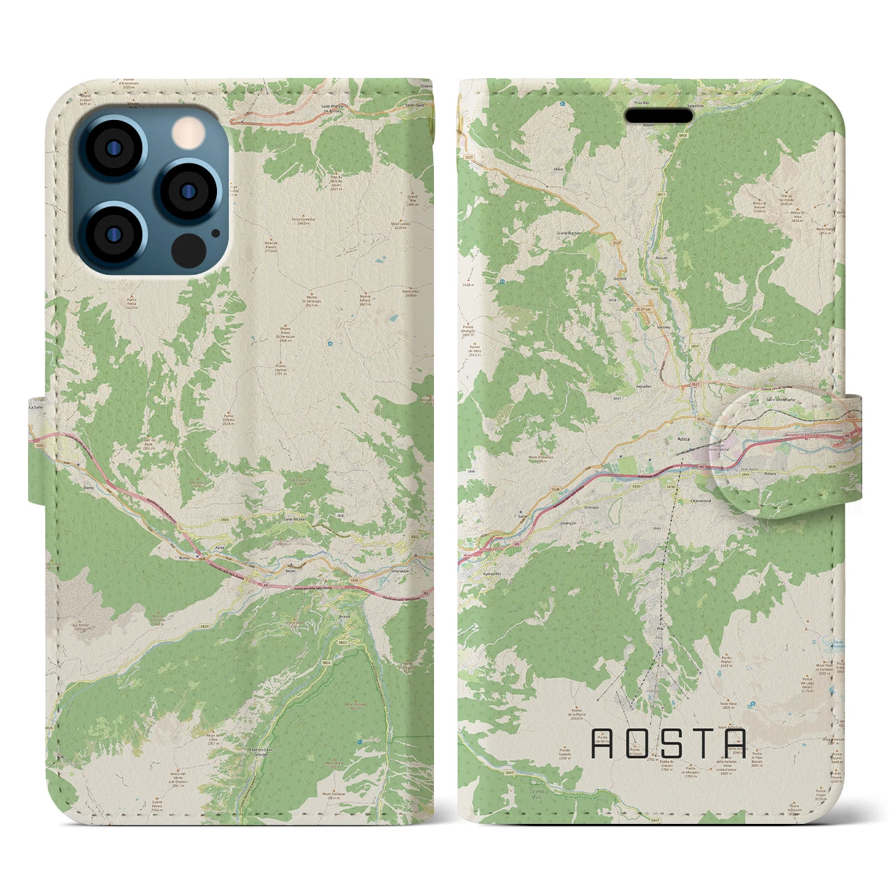 【アオスタ(イタリア)】地図柄iPhoneケース(手帳タイプ)ナチュラル・iPhone 12 / 12 Pro 用
