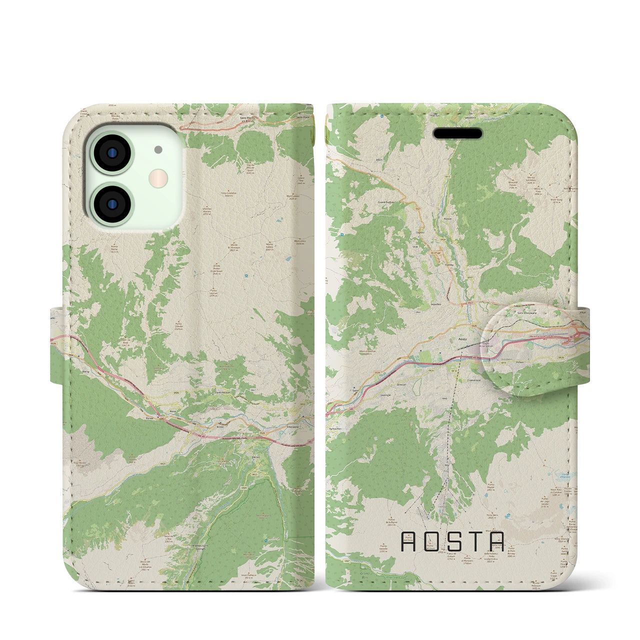 【アオスタ(イタリア)】地図柄iPhoneケース(手帳タイプ)ナチュラル・iPhone 12 mini 用
