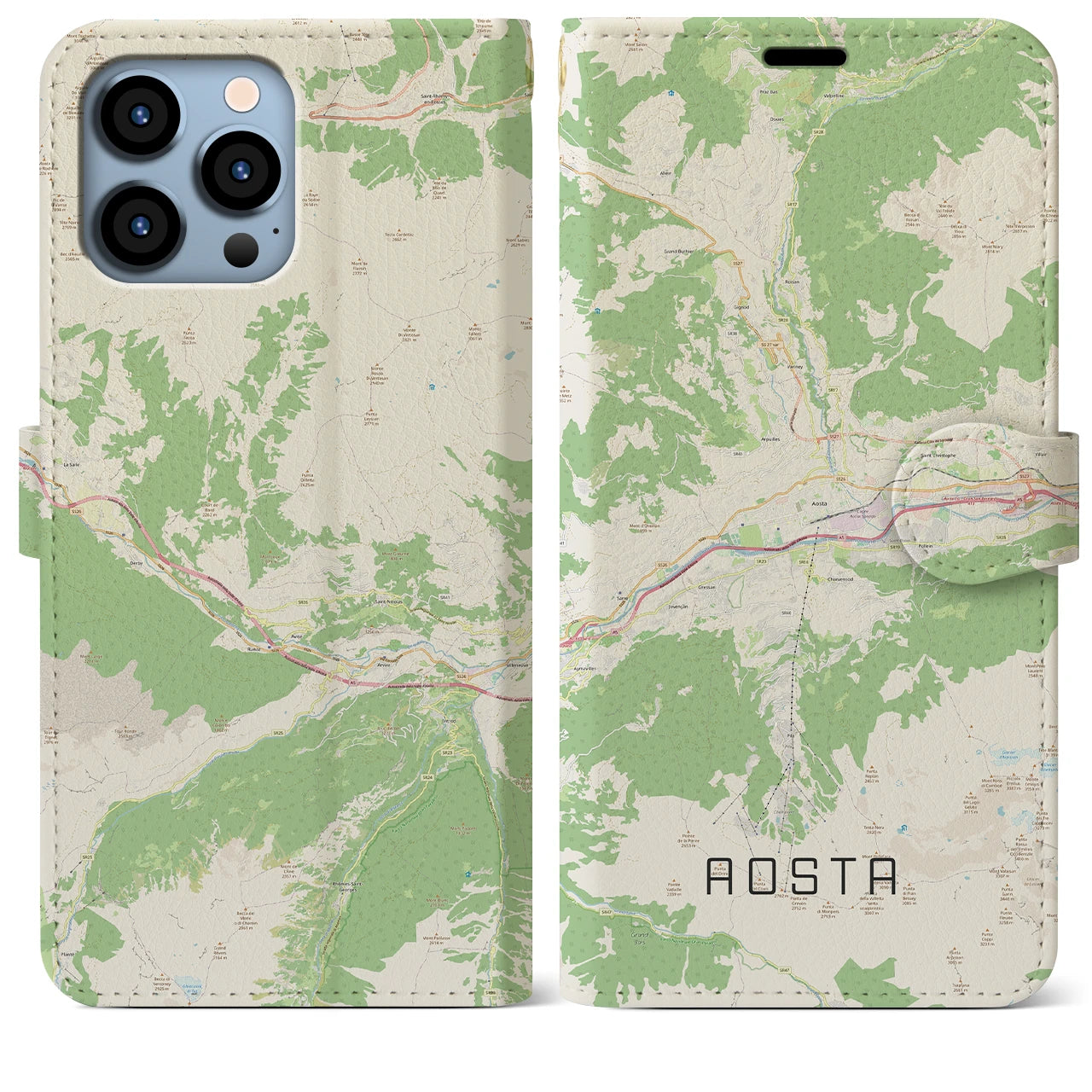 【アオスタ(イタリア)】地図柄iPhoneケース(手帳タイプ)ナチュラル・iPhone 13 Pro Max 用