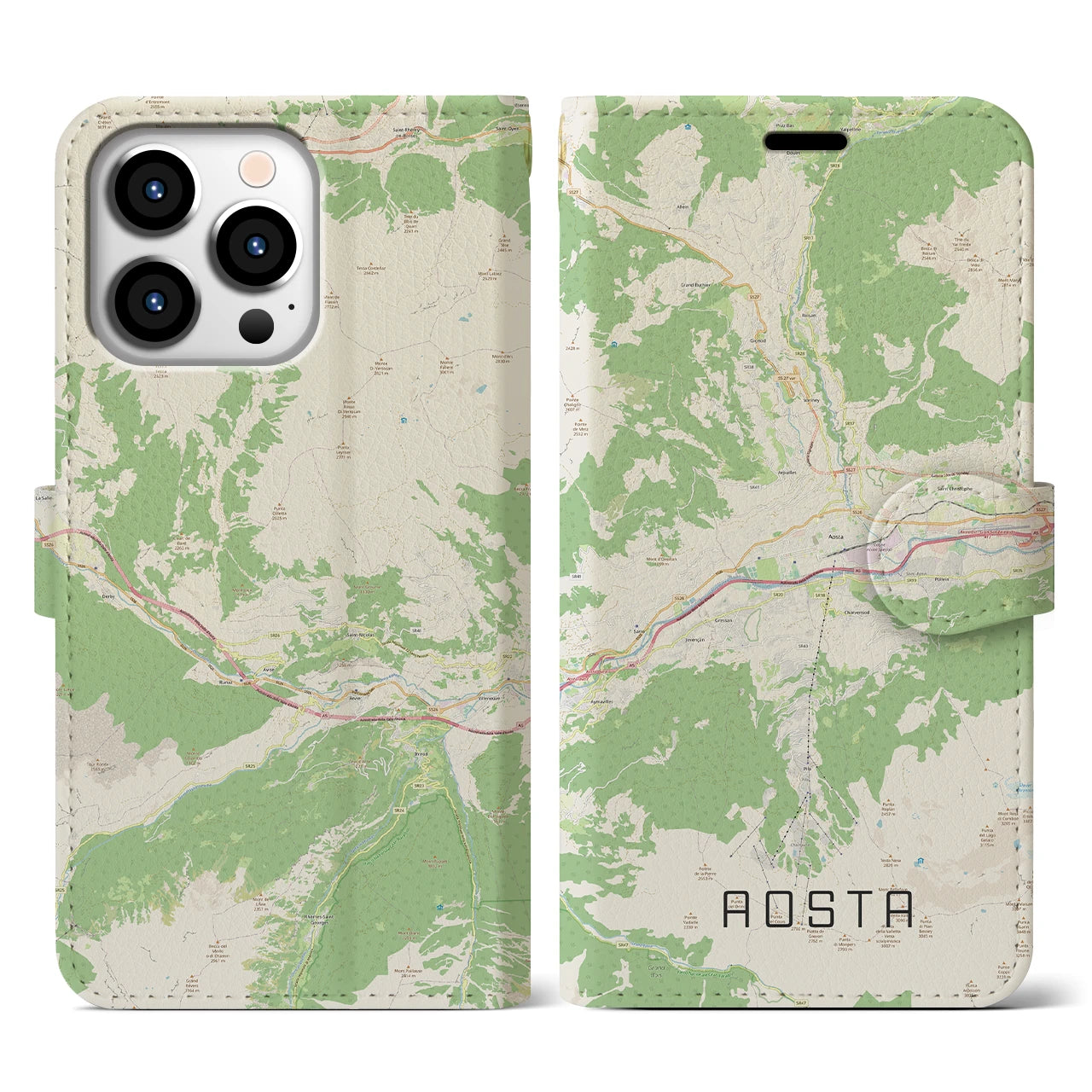 【アオスタ(イタリア)】地図柄iPhoneケース(手帳タイプ)ナチュラル・iPhone 13 Pro 用