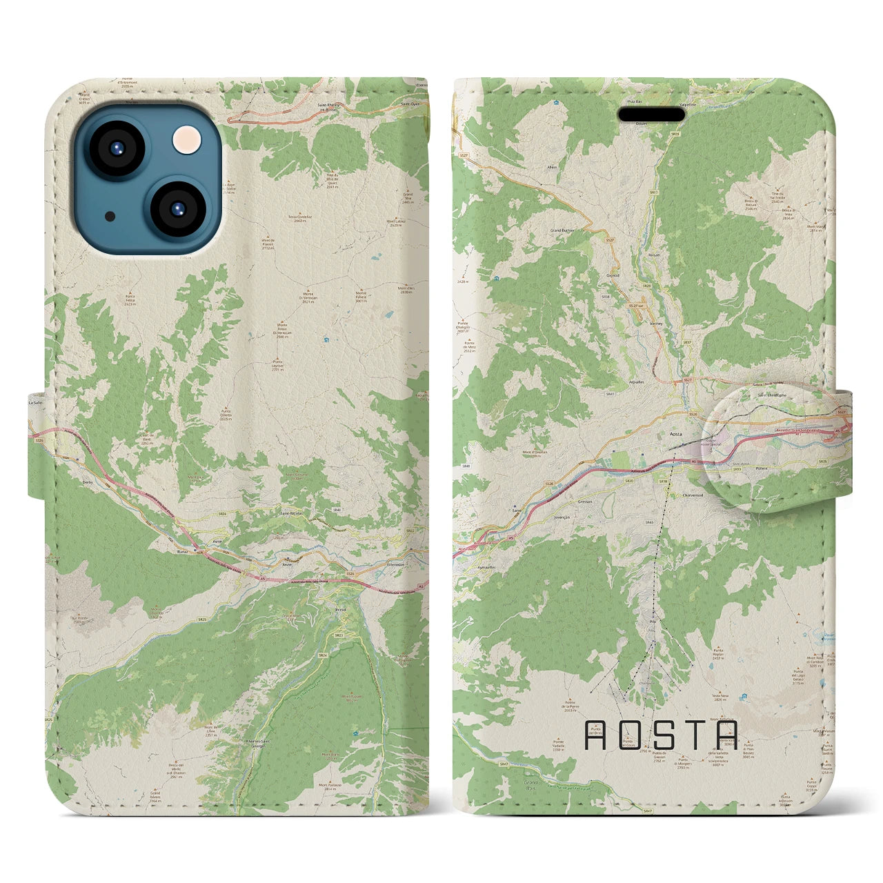 【アオスタ(イタリア)】地図柄iPhoneケース(手帳タイプ)ナチュラル・iPhone 13 用