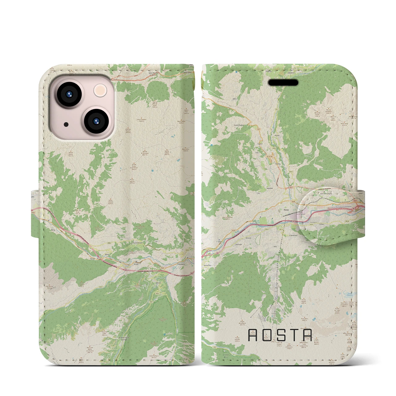 【アオスタ(イタリア)】地図柄iPhoneケース(手帳タイプ)ナチュラル・iPhone 13 mini 用