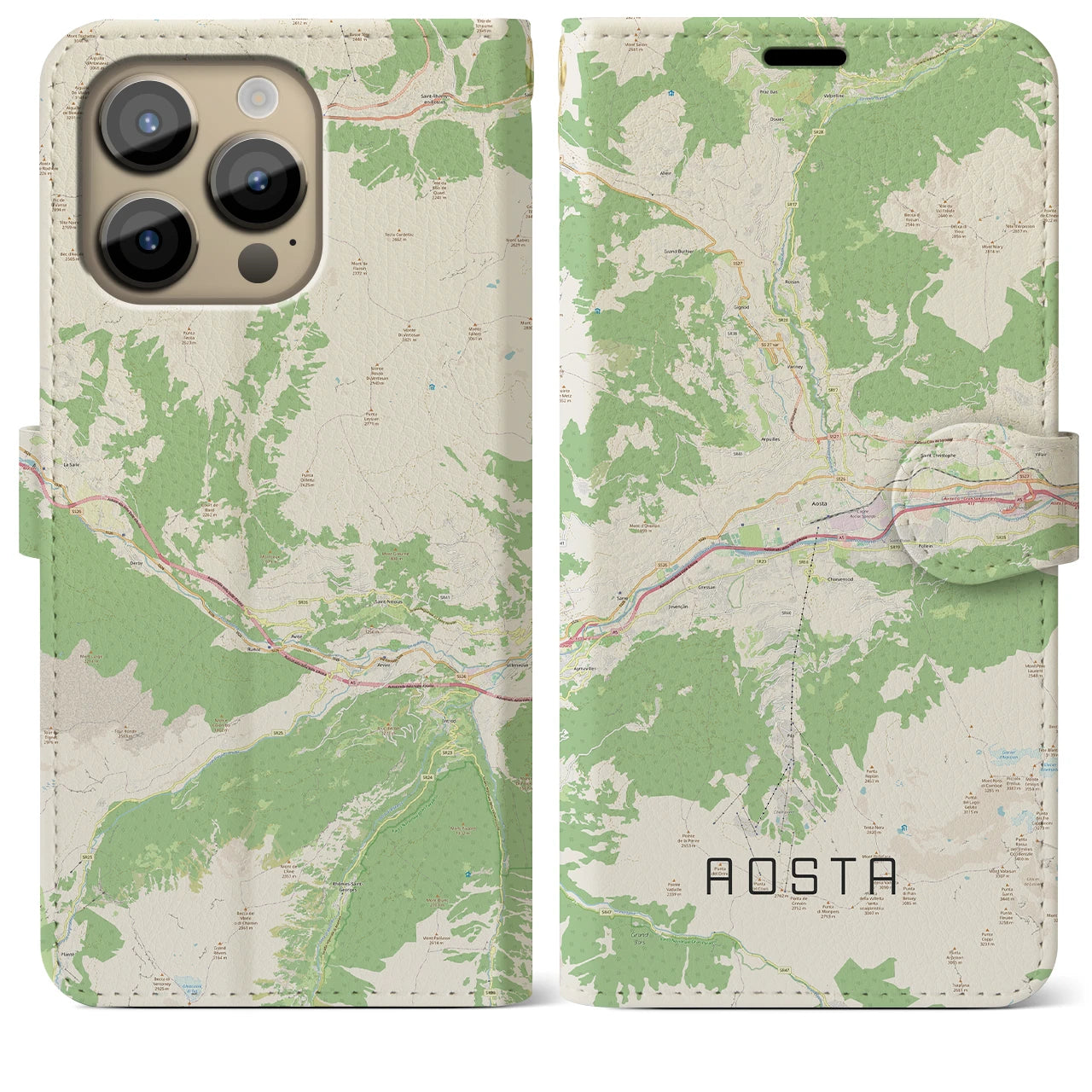【アオスタ(イタリア)】地図柄iPhoneケース(手帳タイプ)ナチュラル・iPhone 14 Pro Max 用