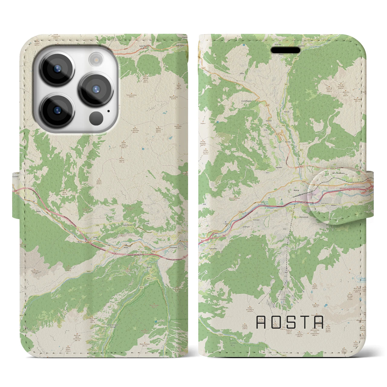 【アオスタ(イタリア)】地図柄iPhoneケース(手帳タイプ)ナチュラル・iPhone 14 Pro 用