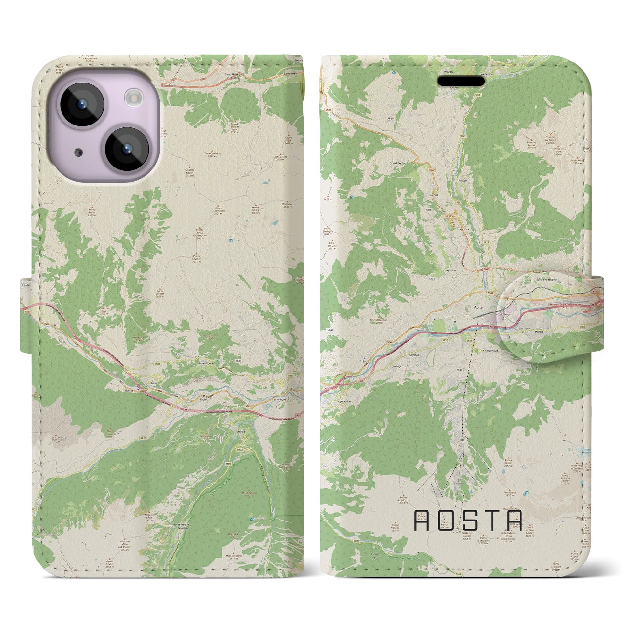 【アオスタ(イタリア)】地図柄iPhoneケース(手帳タイプ)ナチュラル・iPhone 14 用