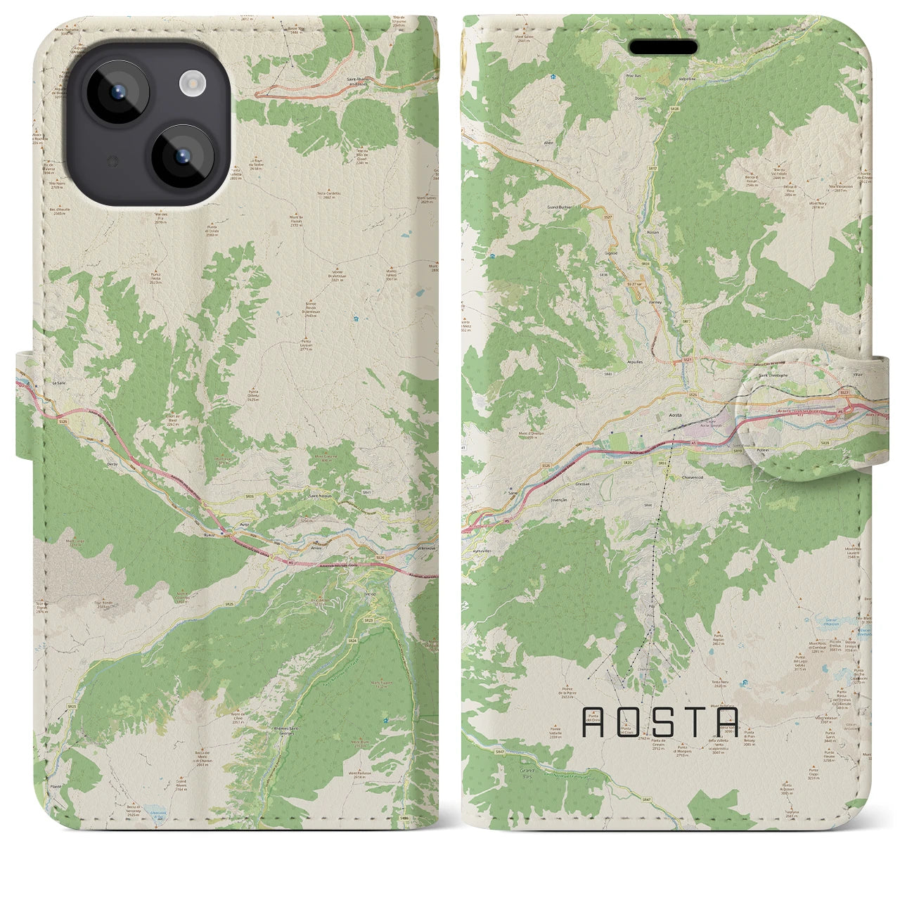 【アオスタ(イタリア)】地図柄iPhoneケース(手帳タイプ)ナチュラル・iPhone 14 Plus 用