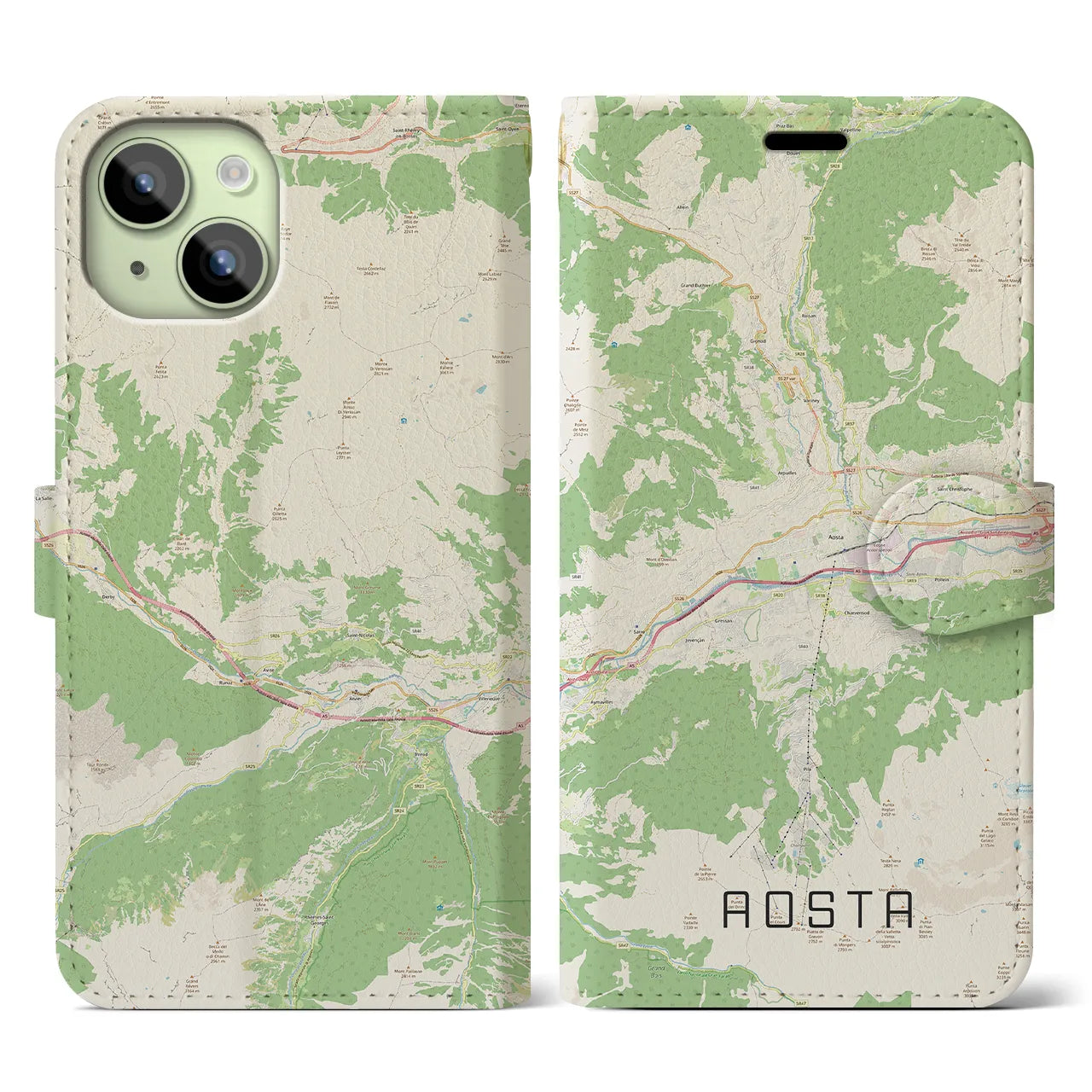 【アオスタ(イタリア)】地図柄iPhoneケース(手帳タイプ)ナチュラル・iPhone 15 用
