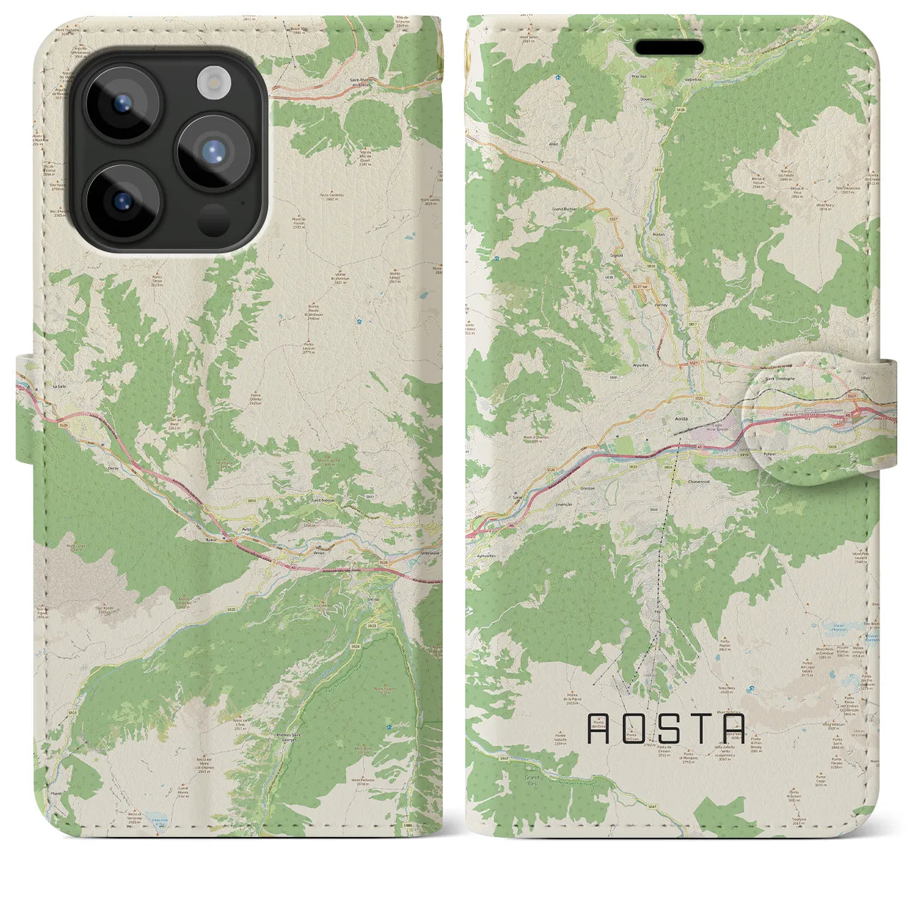 【アオスタ(イタリア)】地図柄iPhoneケース(手帳タイプ)ナチュラル・iPhone 15 Pro Max 用