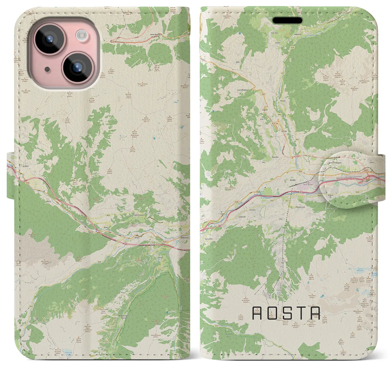 【アオスタ(イタリア)】地図柄iPhoneケース(手帳タイプ)ナチュラル・iPhone 15 Plus 用