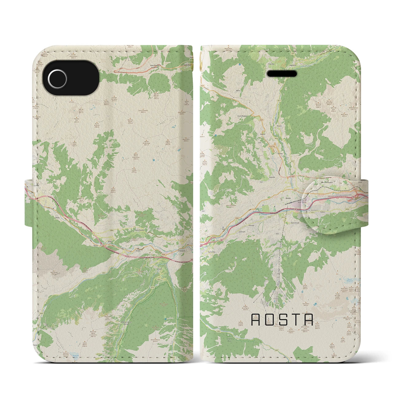 【アオスタ(イタリア)】地図柄iPhoneケース(手帳タイプ)ナチュラル・iPhone SE(第3 / 第2世代) / 8 / 7 / 6s / 6 用