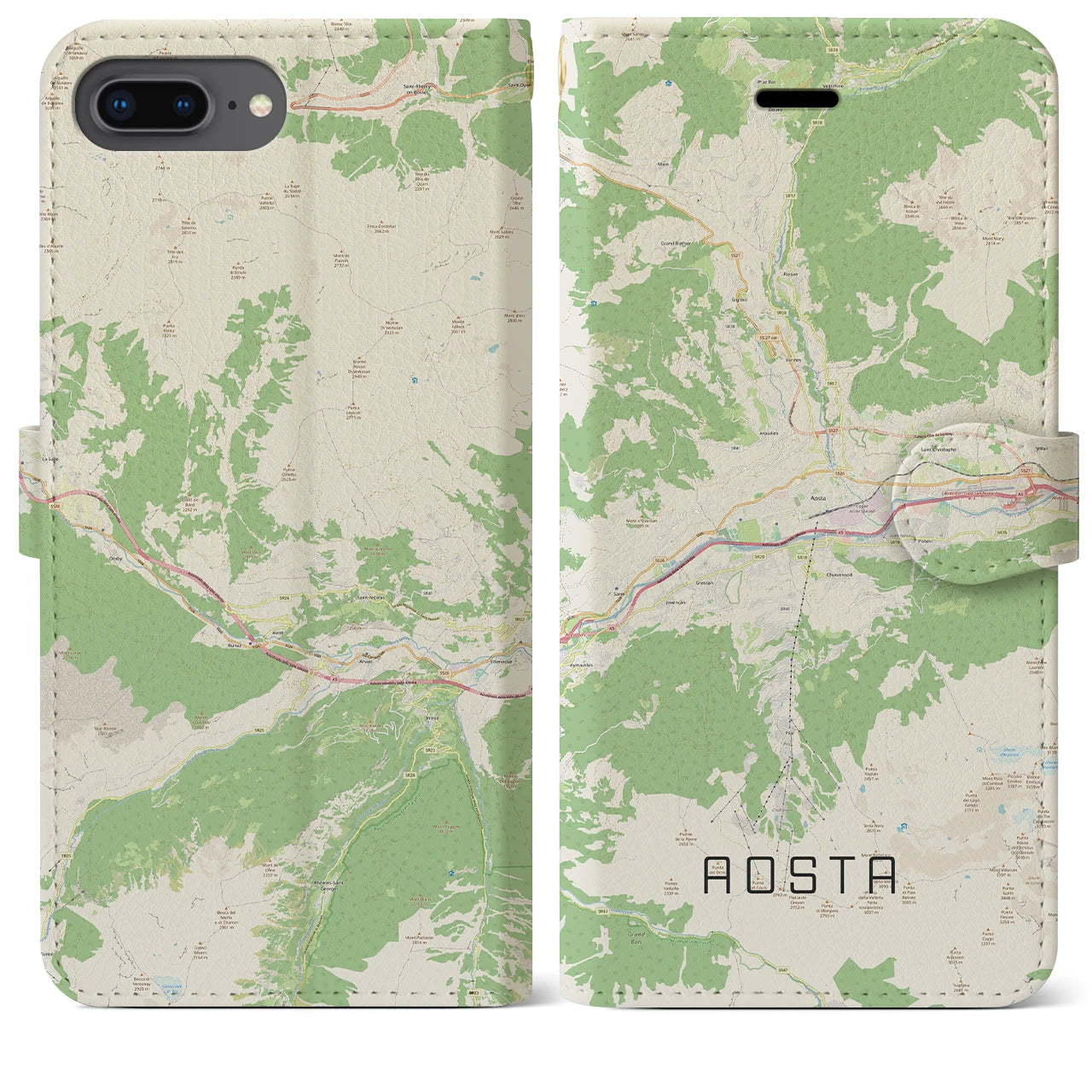 【アオスタ(イタリア)】地図柄iPhoneケース(手帳タイプ)ナチュラル・iPhone 8Plus /7Plus / 6sPlus / 6Plus 用
