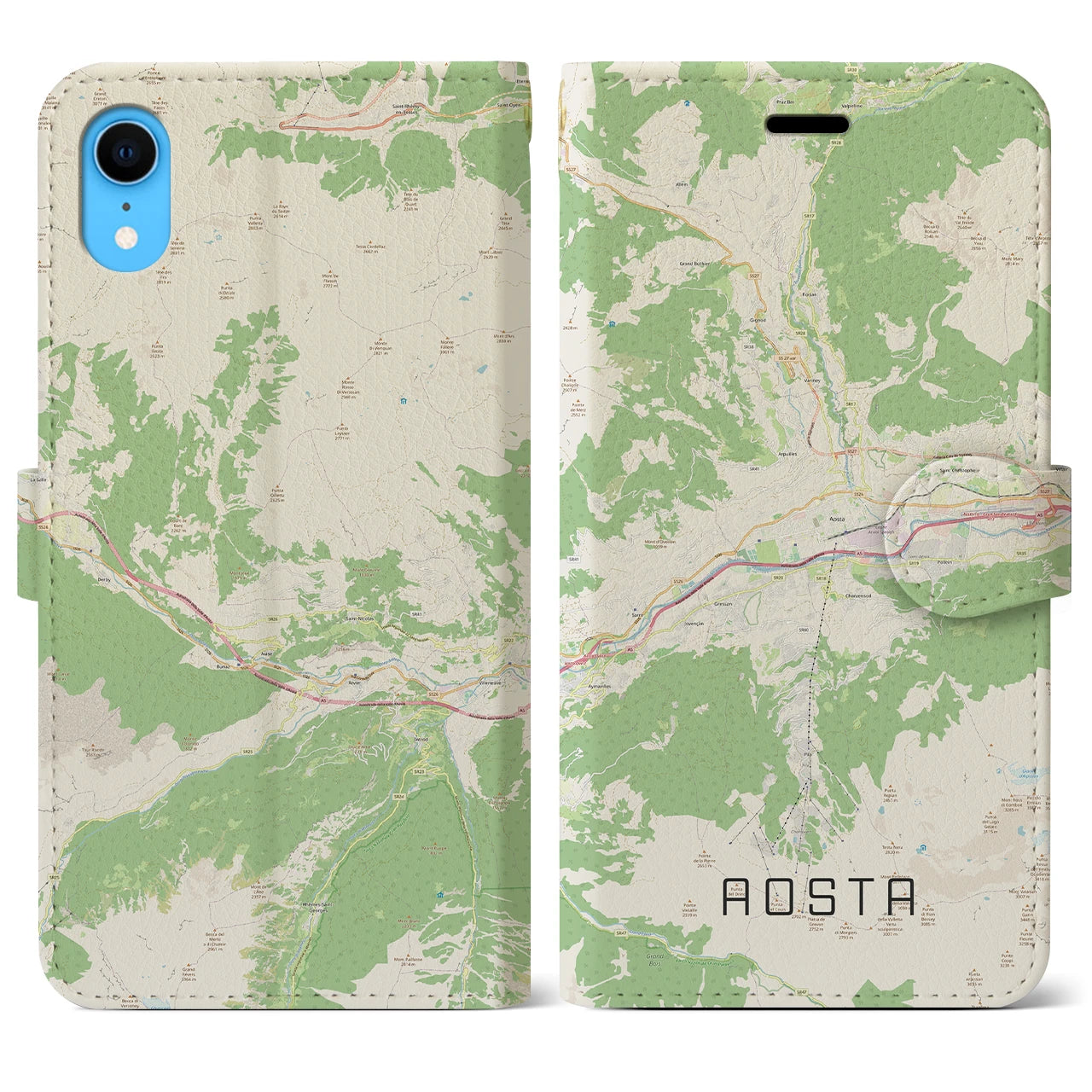 【アオスタ(イタリア)】地図柄iPhoneケース(手帳タイプ)ナチュラル・iPhone XR 用
