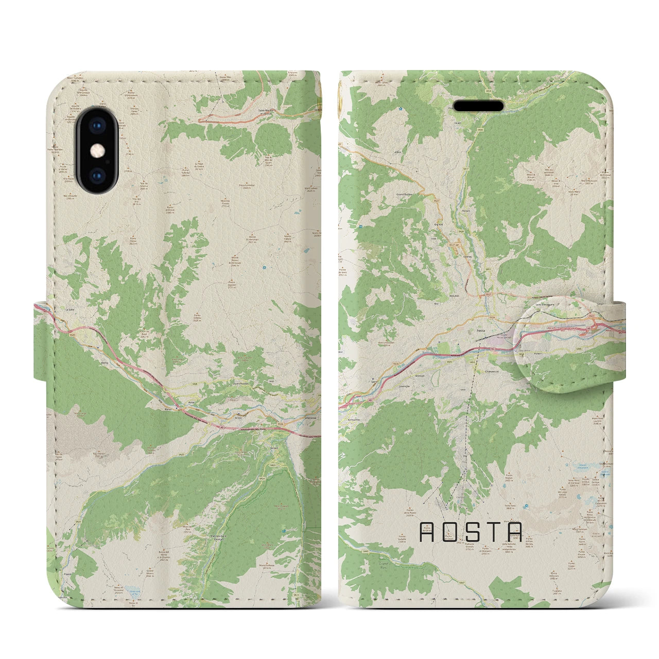 【アオスタ(イタリア)】地図柄iPhoneケース(手帳タイプ)ナチュラル・iPhone XS / X 用