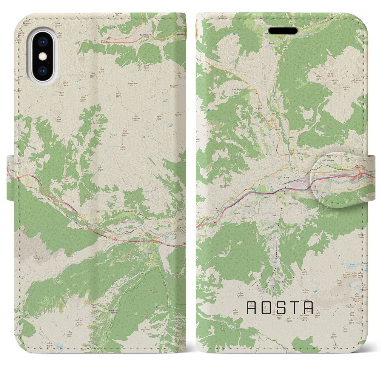 【アオスタ(イタリア)】地図柄iPhoneケース(手帳タイプ)ナチュラル・iPhone XS Max 用