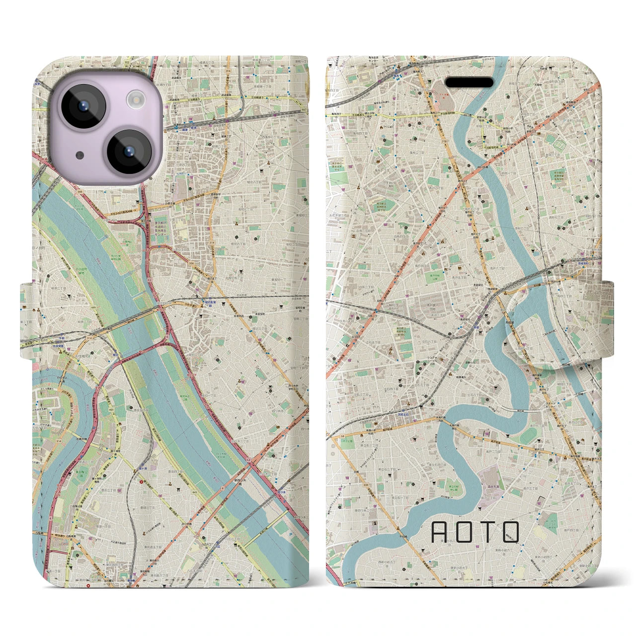 【青砥(東京都)】地図柄iPhoneケース(手帳タイプ)ナチュラル・iPhone 14 用