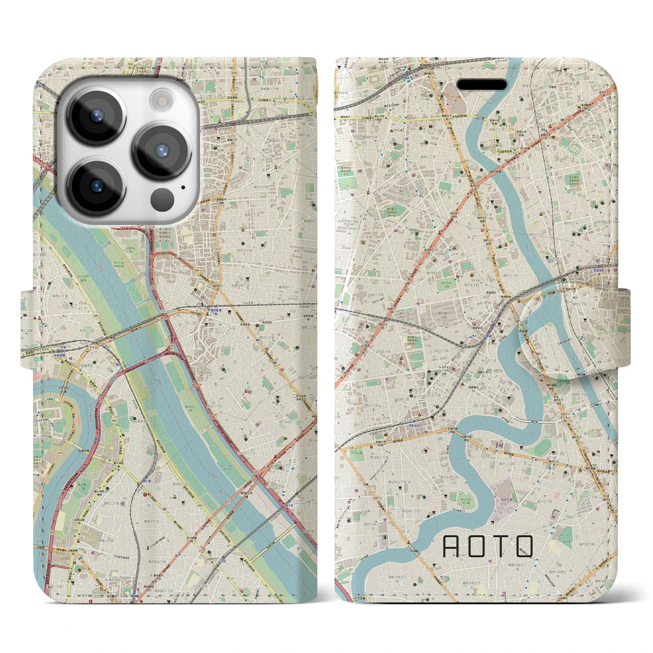 【青砥(東京都)】地図柄iPhoneケース(手帳タイプ)ナチュラル・iPhone 14 Pro 用