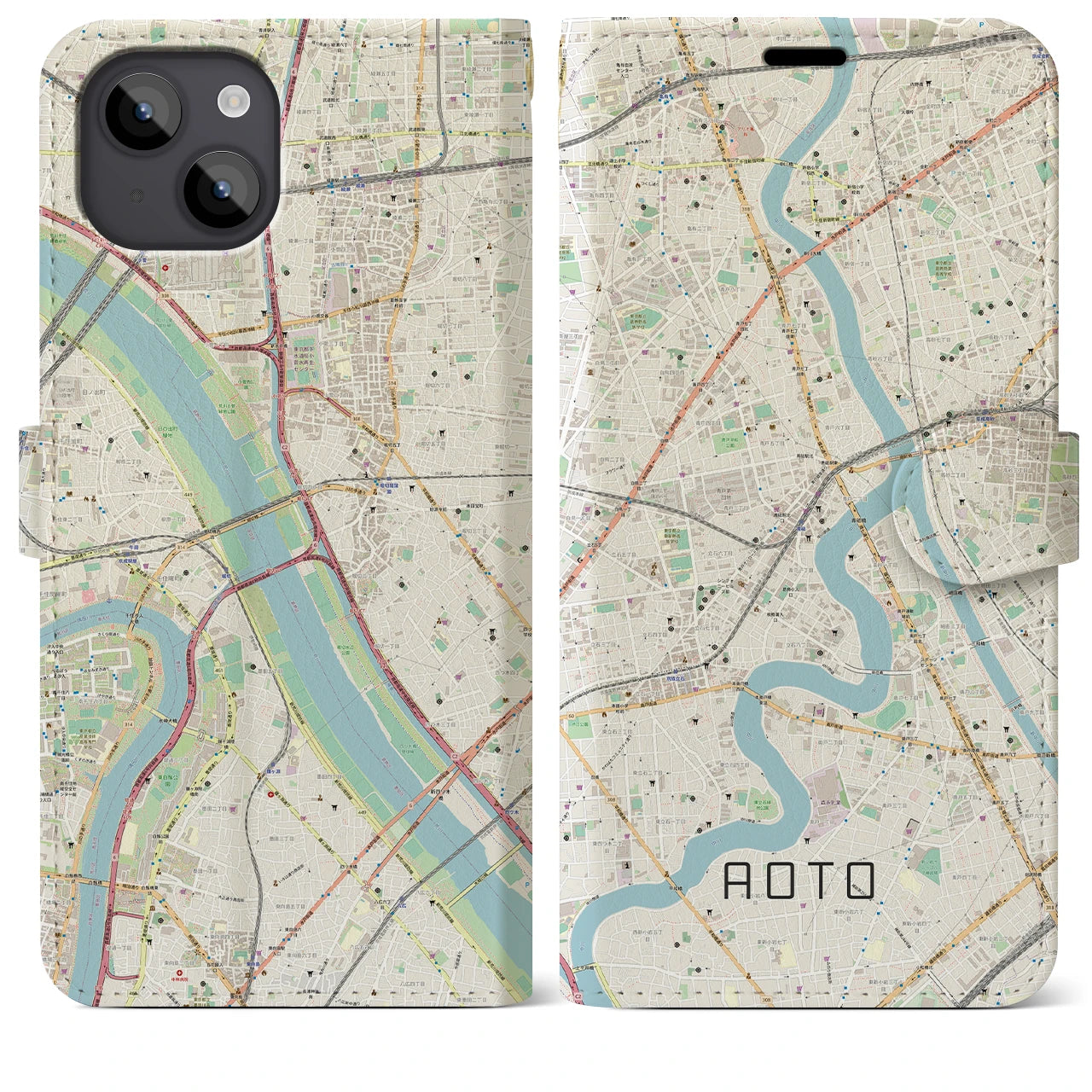 【青砥(東京都)】地図柄iPhoneケース(手帳タイプ)ナチュラル・iPhone 14 Plus 用