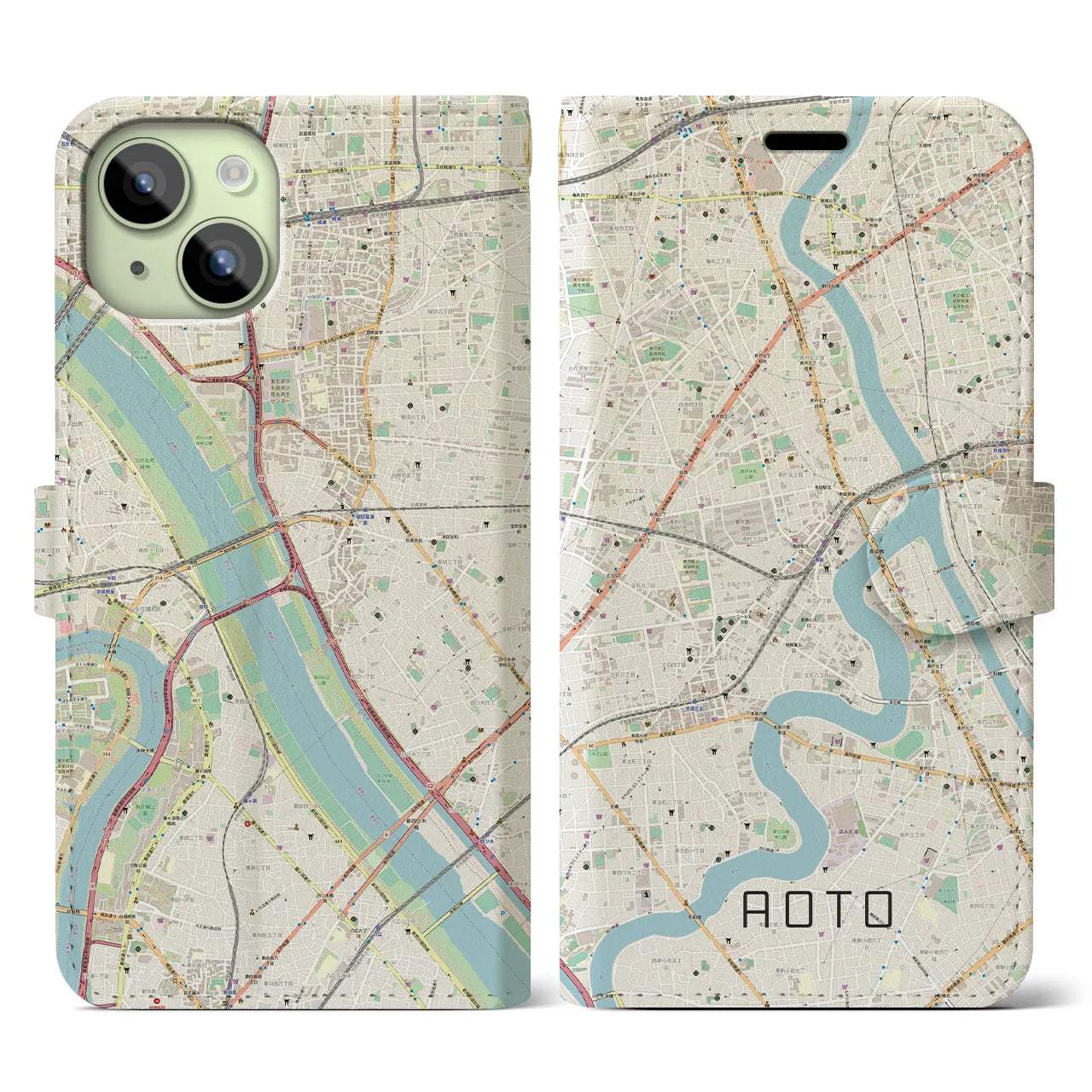 【青砥(東京都)】地図柄iPhoneケース(手帳タイプ)ナチュラル・iPhone 15 用