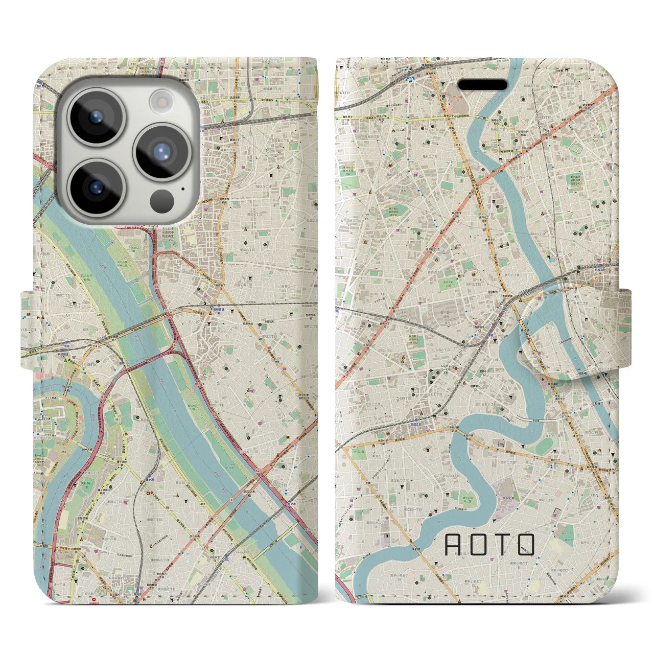 【青砥(東京都)】地図柄iPhoneケース(手帳タイプ)ナチュラル・iPhone 15 Pro 用