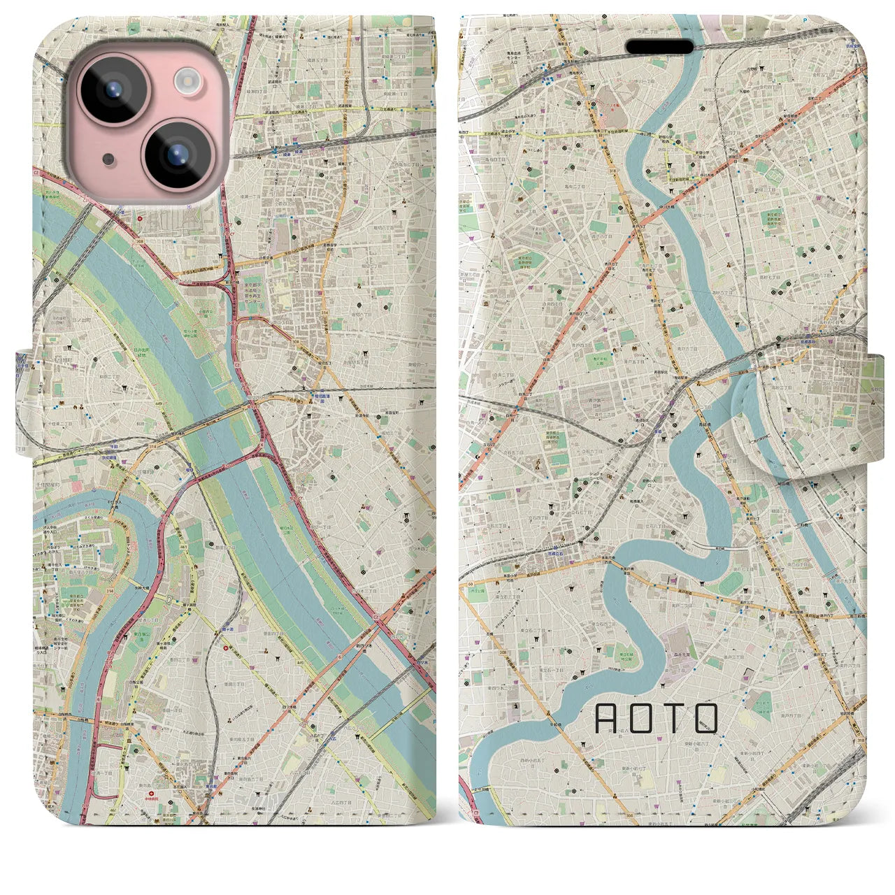 【青砥(東京都)】地図柄iPhoneケース(手帳タイプ)ナチュラル・iPhone 15 Plus 用