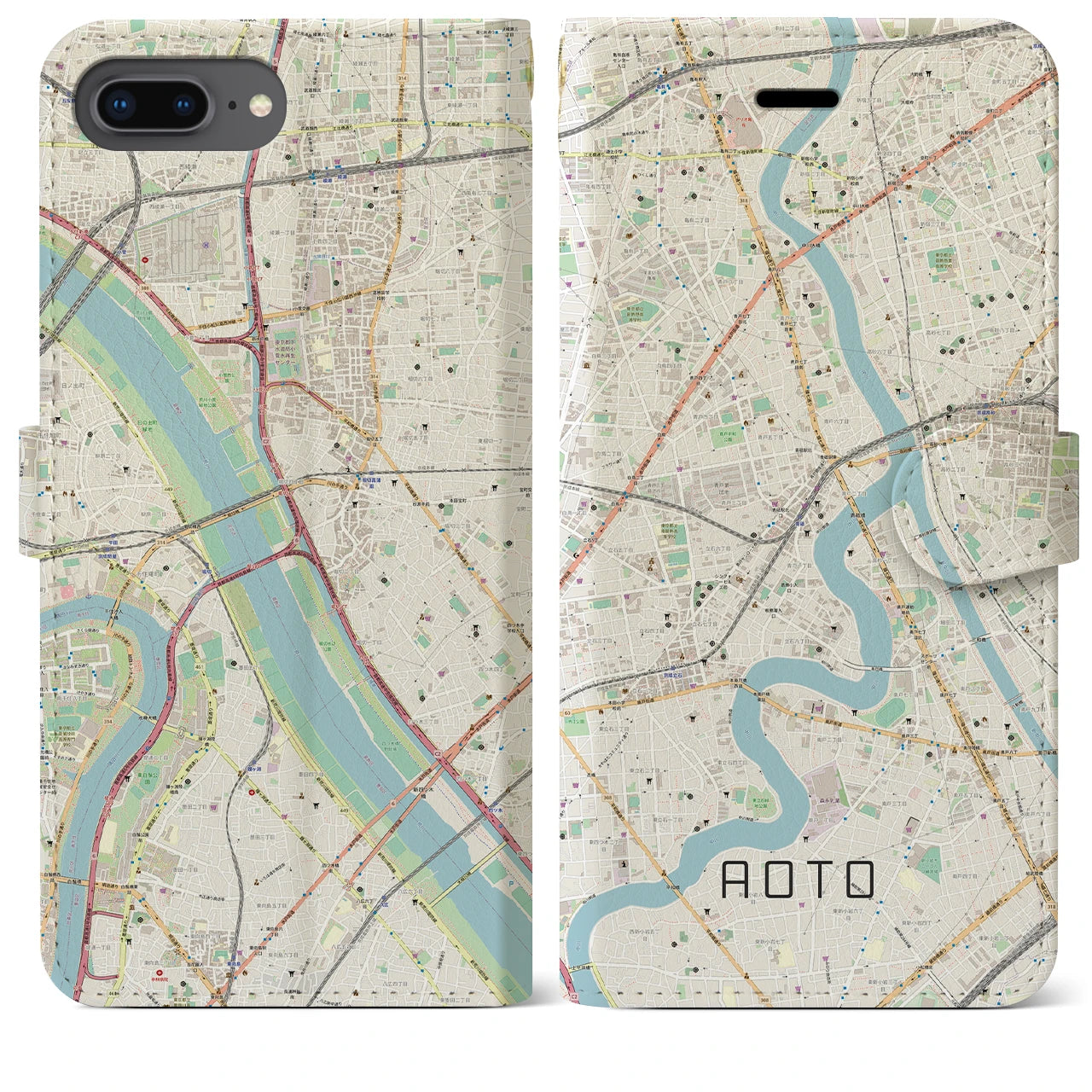 【青砥(東京都)】地図柄iPhoneケース(手帳タイプ)ナチュラル・iPhone 8Plus /7Plus / 6sPlus / 6Plus 用