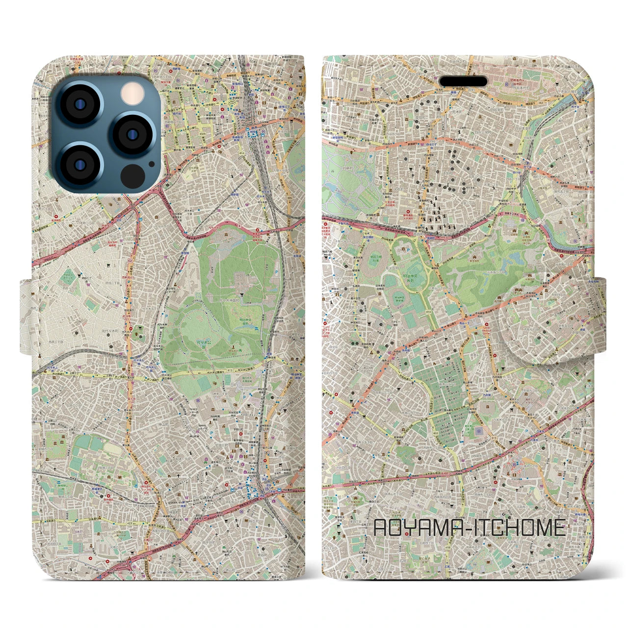 【青山一丁目(東京都)】地図柄iPhoneケース(手帳タイプ)ナチュラル・iPhone 12 / 12 Pro 用