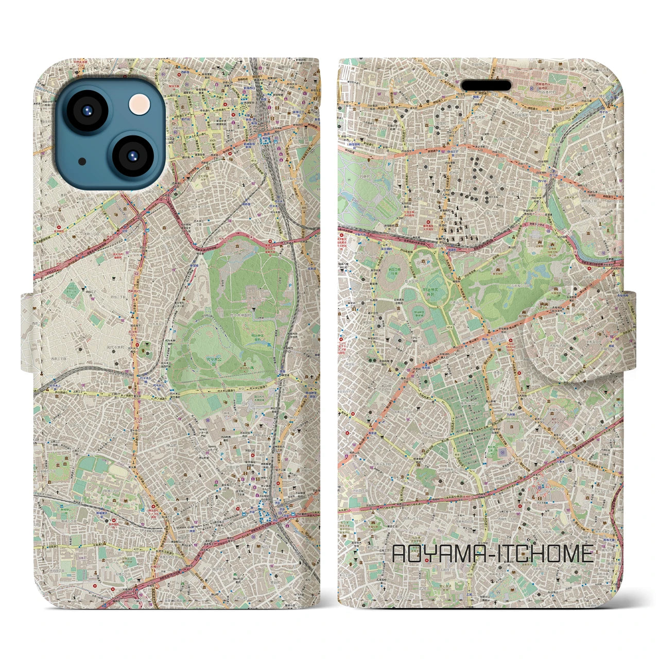 【青山一丁目(東京都)】地図柄iPhoneケース(手帳タイプ)ナチュラル・iPhone 13 用