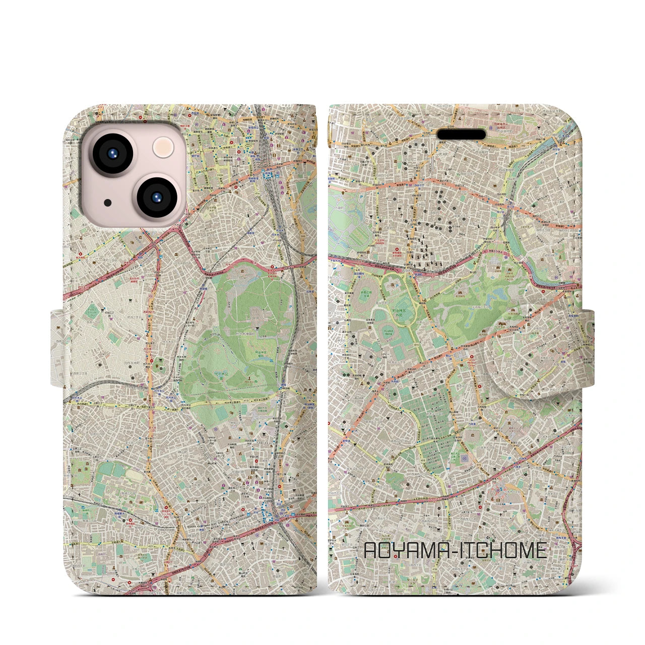 【青山一丁目(東京都)】地図柄iPhoneケース(手帳タイプ)ナチュラル・iPhone 13 mini 用