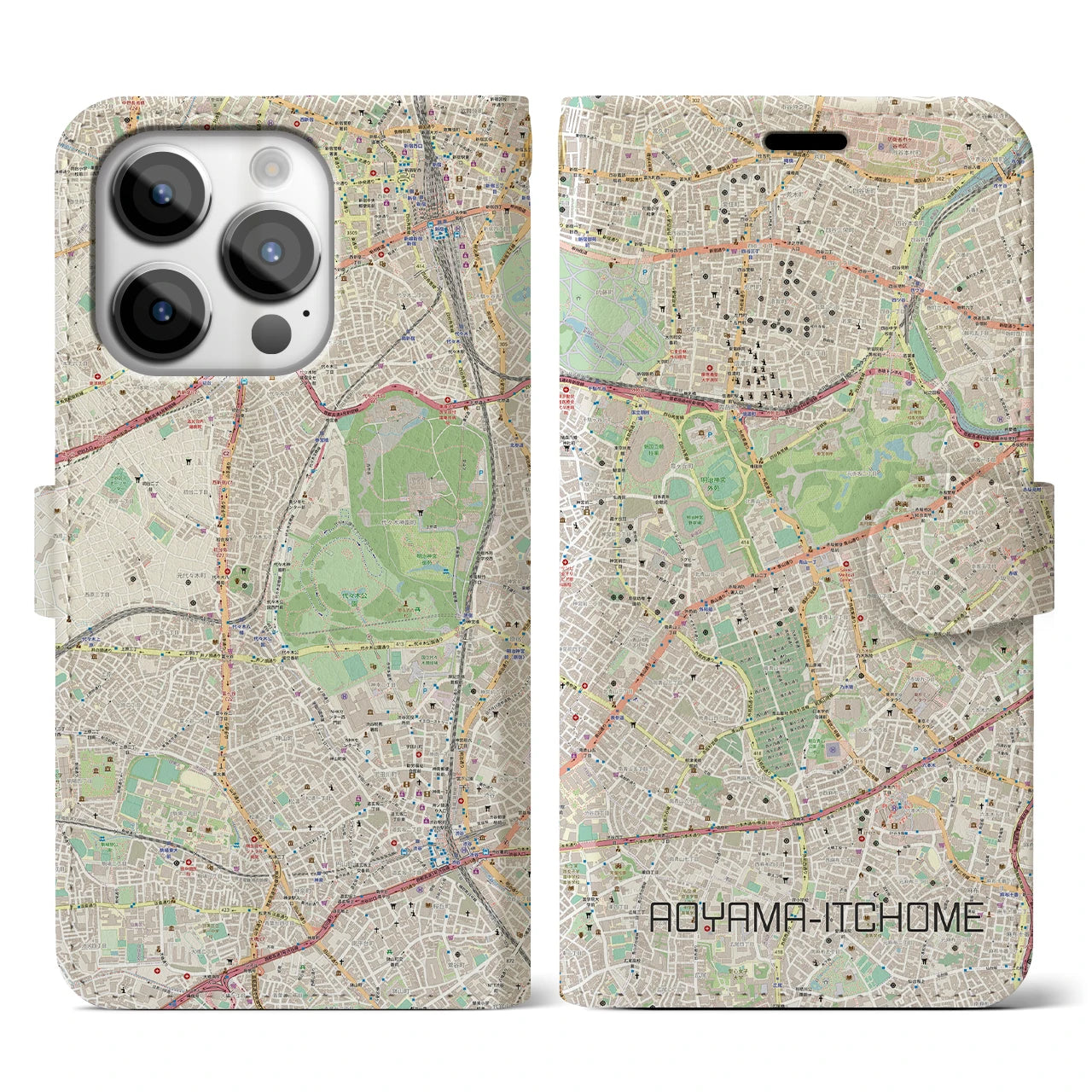 【青山一丁目(東京都)】地図柄iPhoneケース(手帳タイプ)ナチュラル・iPhone 14 Pro 用