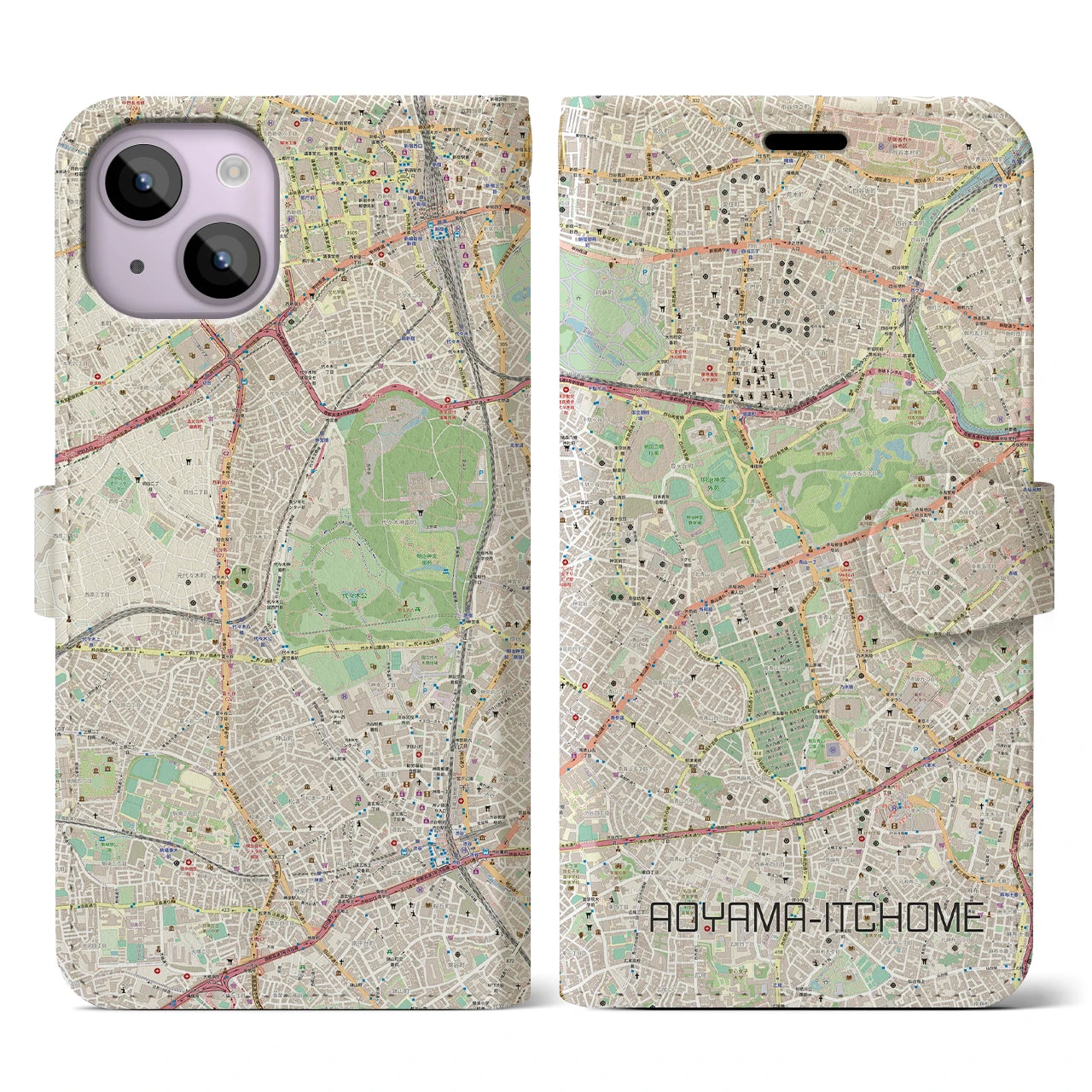 【青山一丁目(東京都)】地図柄iPhoneケース(手帳タイプ)ナチュラル・iPhone 14 用