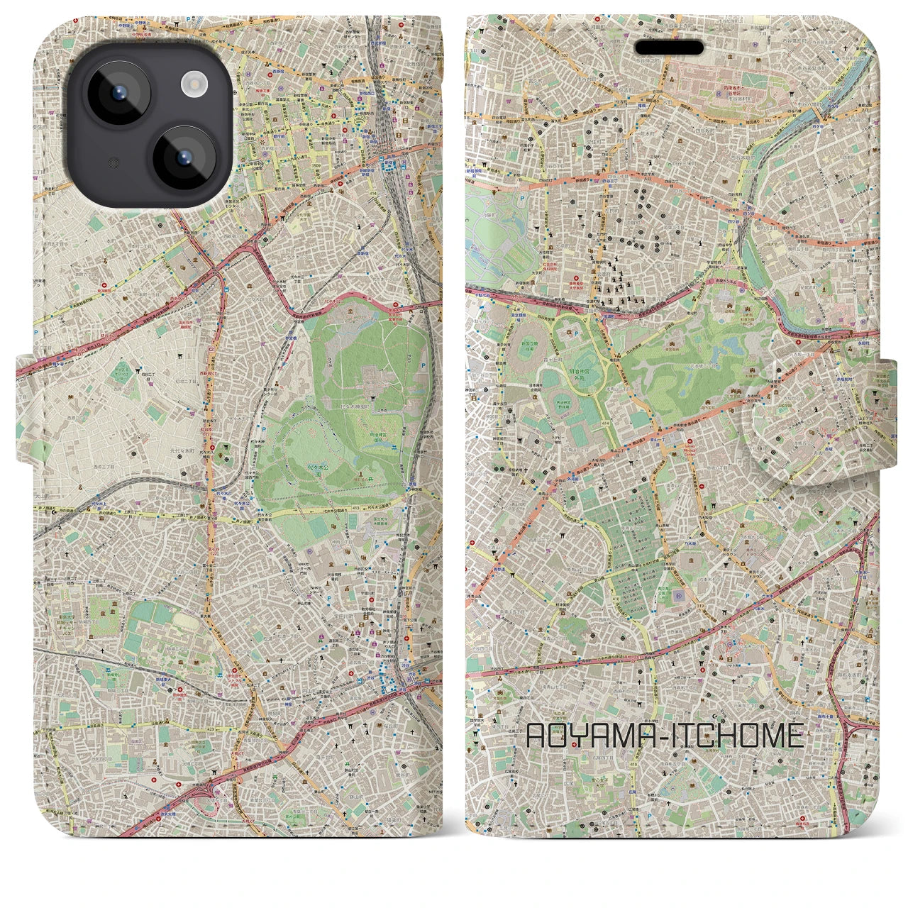 【青山一丁目(東京都)】地図柄iPhoneケース(手帳タイプ)ナチュラル・iPhone 14 Plus 用