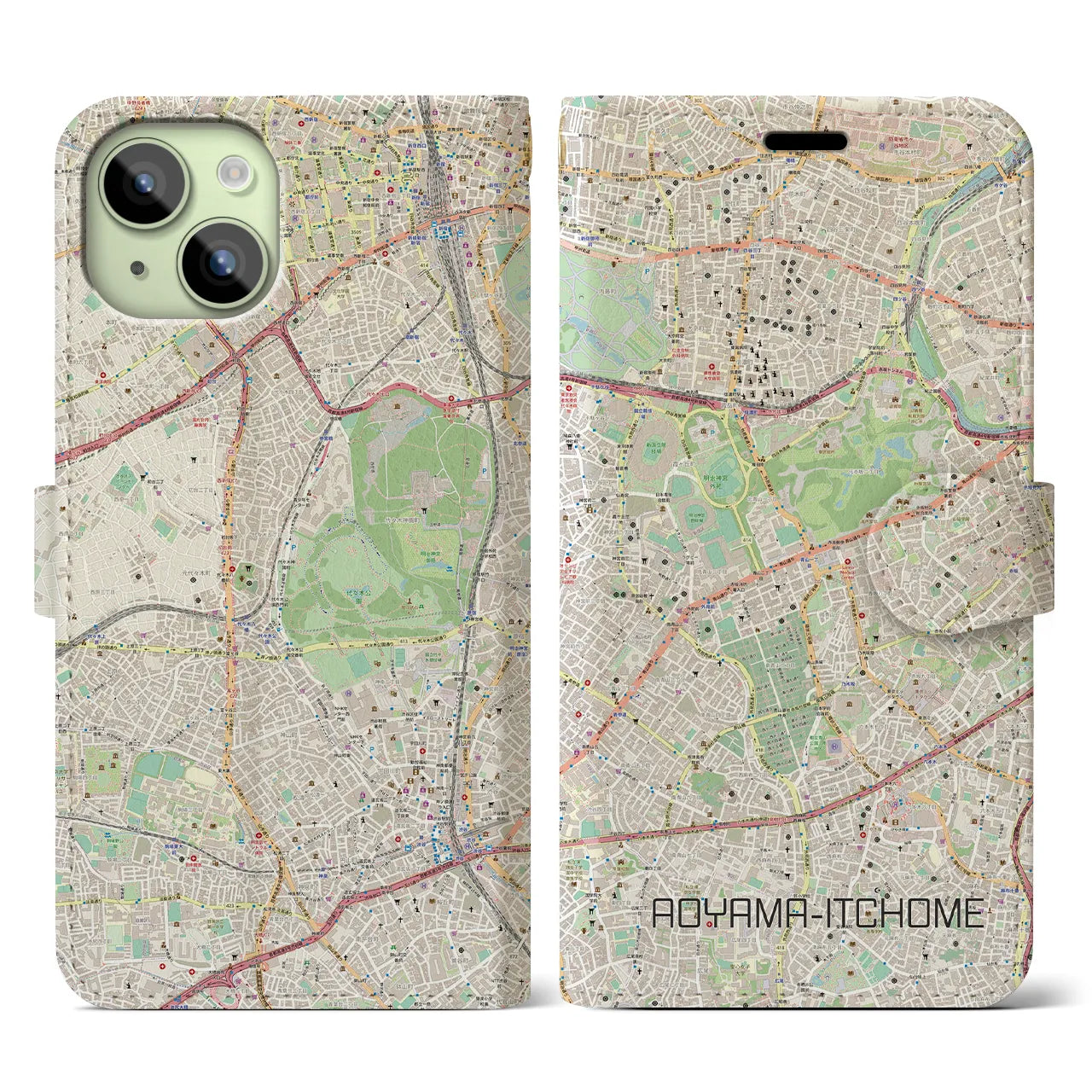 【青山一丁目(東京都)】地図柄iPhoneケース(手帳タイプ)ナチュラル・iPhone 15 用
