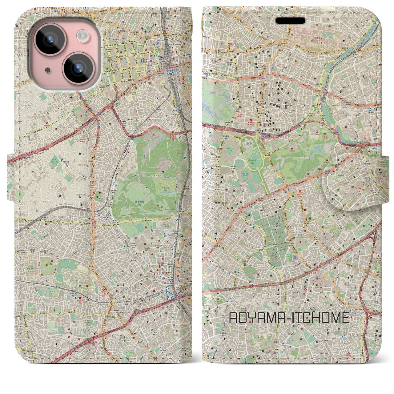 【青山一丁目(東京都)】地図柄iPhoneケース(手帳タイプ)ナチュラル・iPhone 15 Plus 用
