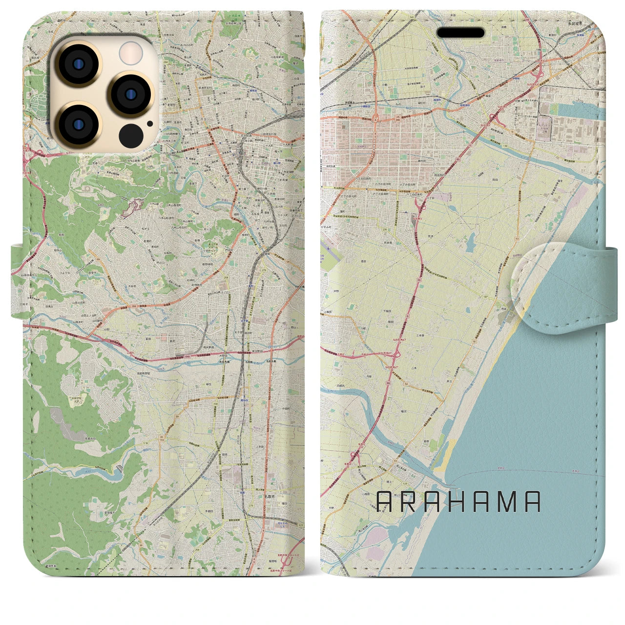 【荒浜(宮城県)】地図柄iPhoneケース(手帳タイプ)ナチュラル・iPhone 12 Pro Max 用