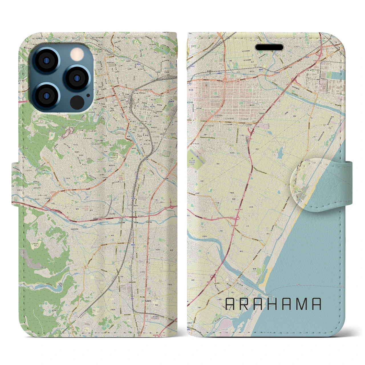 【荒浜(宮城県)】地図柄iPhoneケース(手帳タイプ)ナチュラル・iPhone 12 / 12 Pro 用