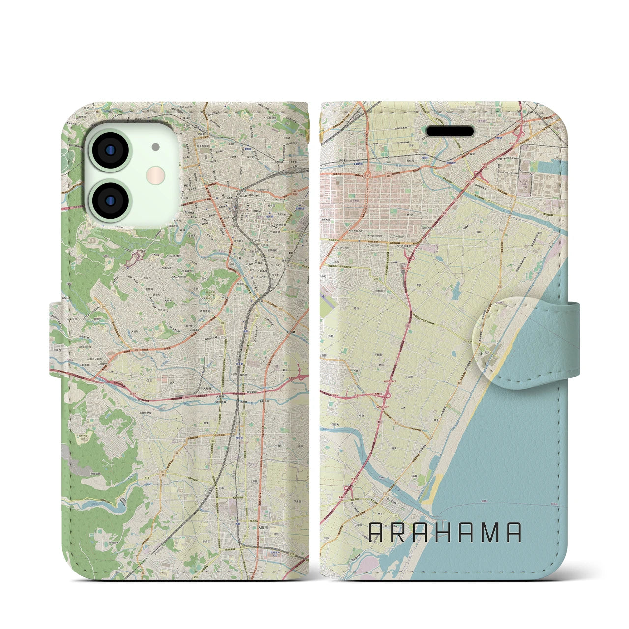 【荒浜(宮城県)】地図柄iPhoneケース(手帳タイプ)ナチュラル・iPhone 12 mini 用