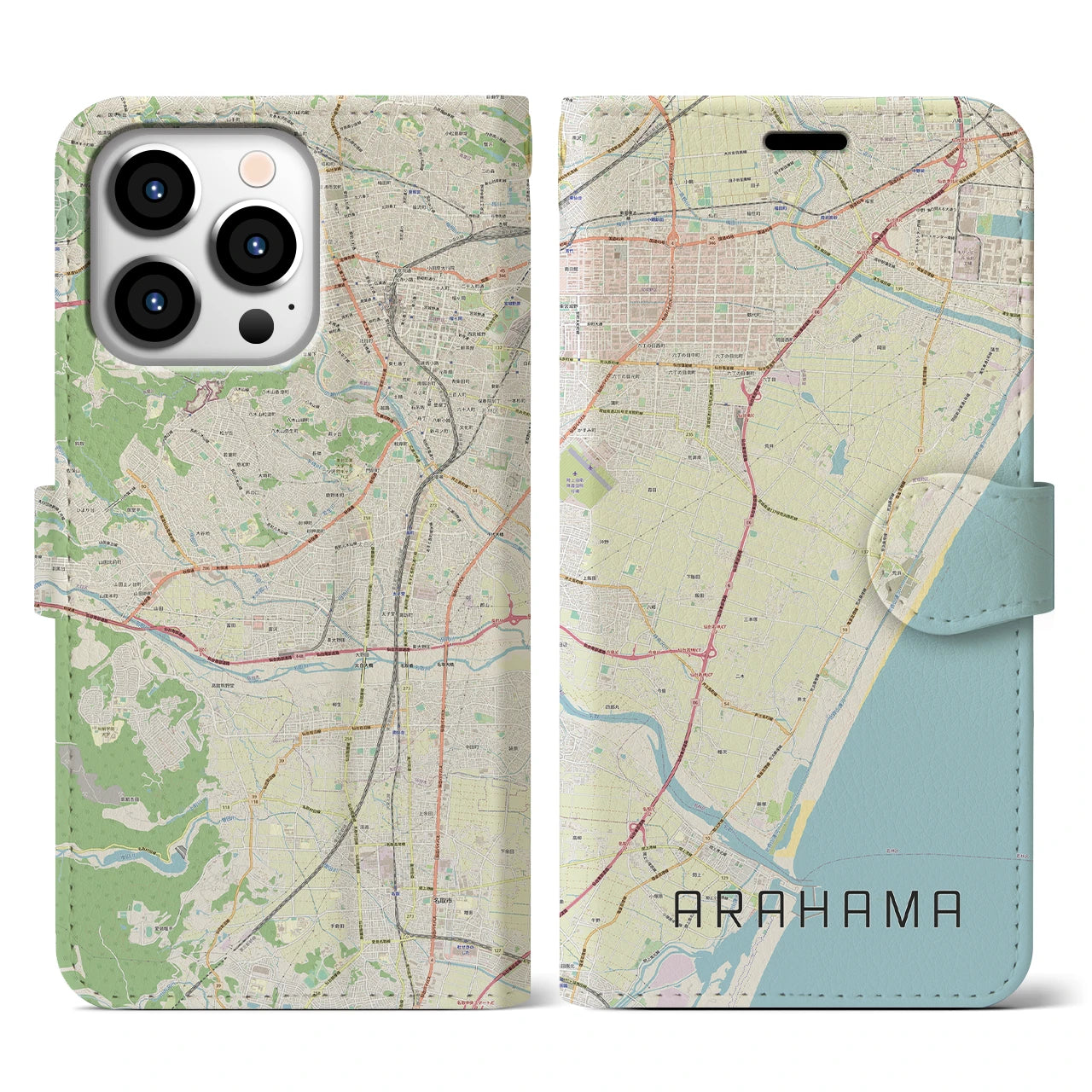 【荒浜(宮城県)】地図柄iPhoneケース(手帳タイプ)ナチュラル・iPhone 13 Pro 用