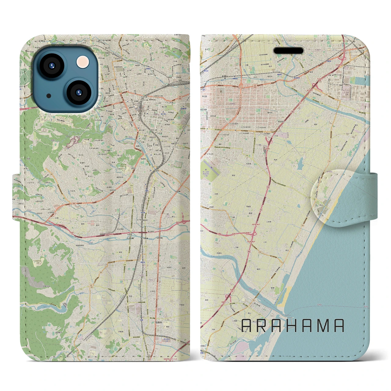 【荒浜(宮城県)】地図柄iPhoneケース(手帳タイプ)ナチュラル・iPhone 13 用