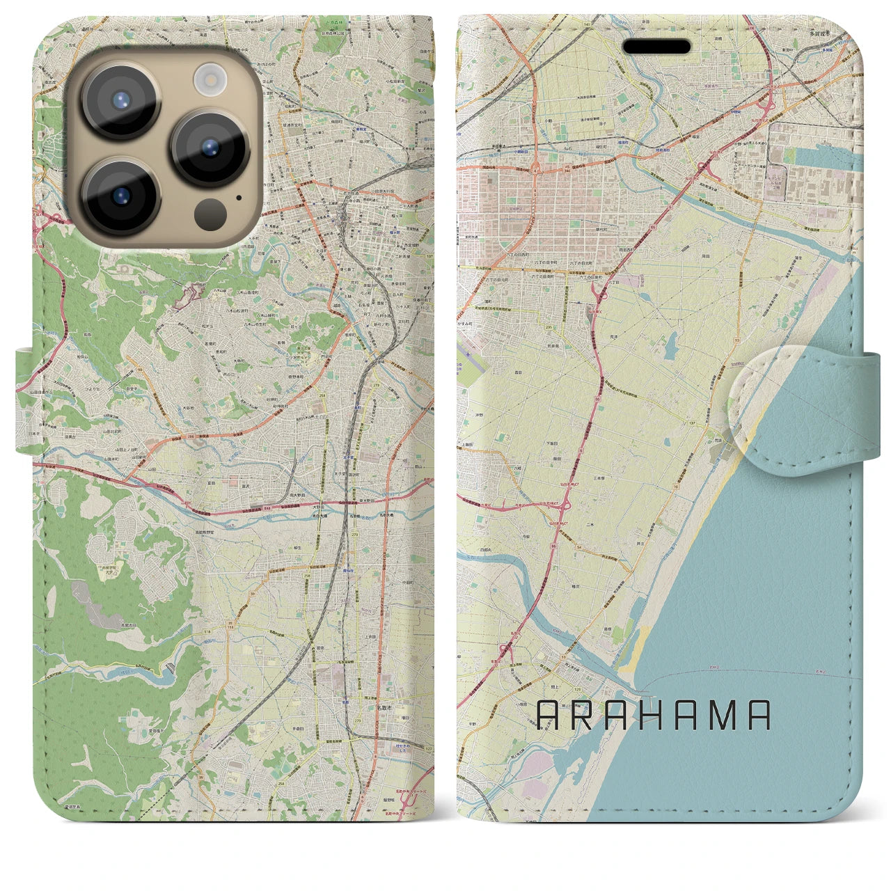 【荒浜(宮城県)】地図柄iPhoneケース(手帳タイプ)ナチュラル・iPhone 14 Pro Max 用