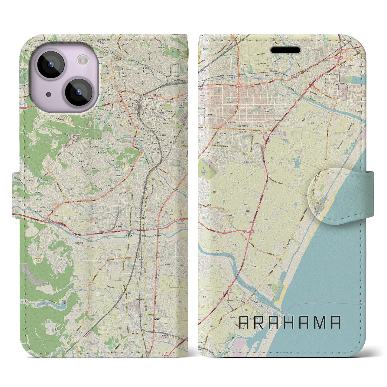 【荒浜(宮城県)】地図柄iPhoneケース(手帳タイプ)ナチュラル・iPhone 14 用