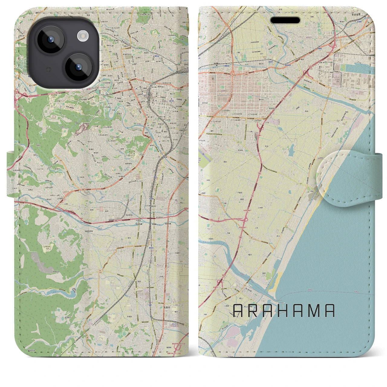 【荒浜(宮城県)】地図柄iPhoneケース(手帳タイプ)ナチュラル・iPhone 14 Plus 用