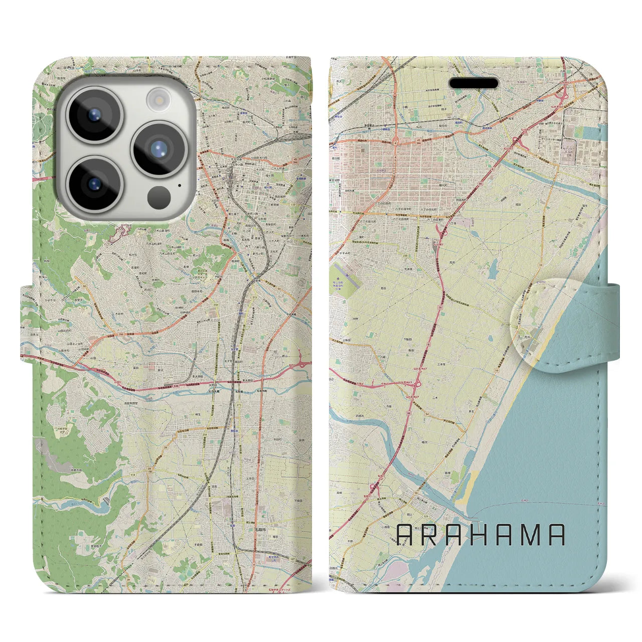 【荒浜(宮城県)】地図柄iPhoneケース(手帳タイプ)ナチュラル・iPhone 15 Pro 用