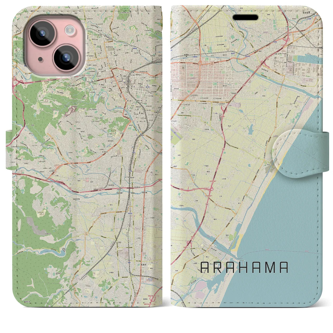 【荒浜(宮城県)】地図柄iPhoneケース(手帳タイプ)ナチュラル・iPhone 15 Plus 用