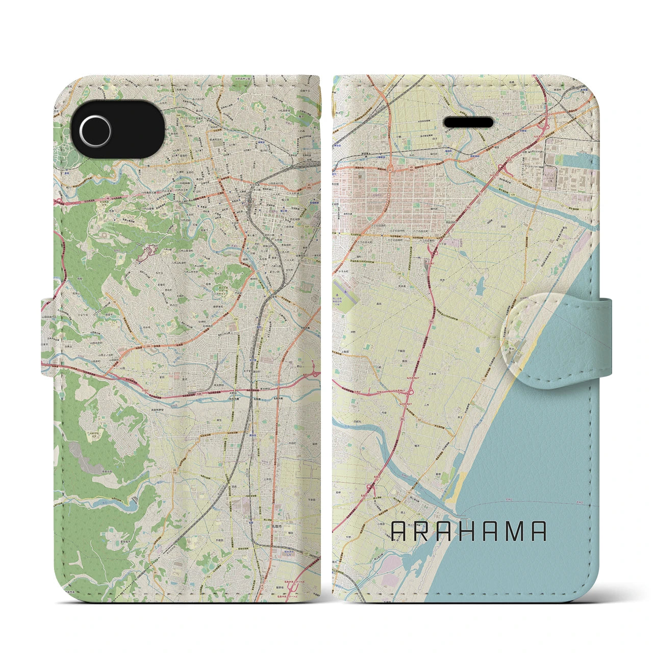 【荒浜(宮城県)】地図柄iPhoneケース(手帳タイプ)ナチュラル・iPhone SE(第3 / 第2世代) / 8 / 7 / 6s / 6 用