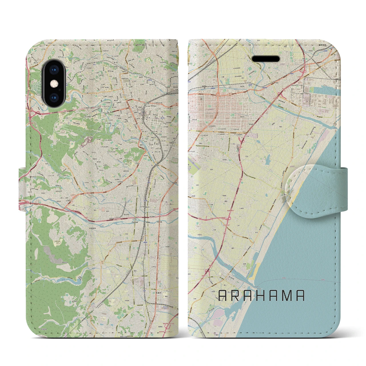 【荒浜(宮城県)】地図柄iPhoneケース(手帳タイプ)ナチュラル・iPhone XS / X 用
